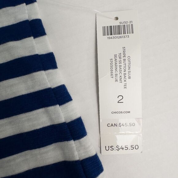 Chicos Cotton Slub Stripe Button Back Tee Womens 2 (L) Seafaring Blue Nautical - Picture 5 of 15